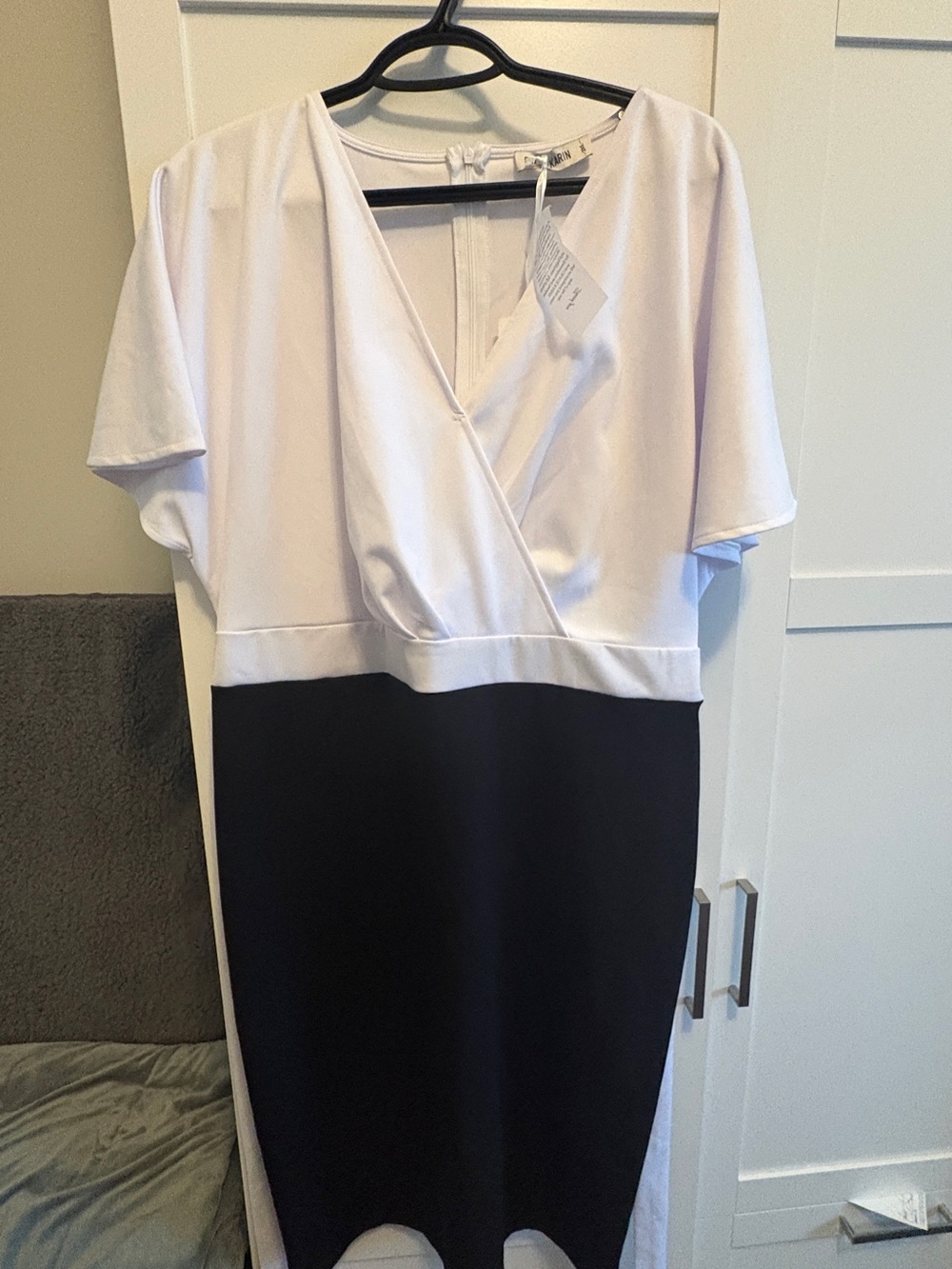 Grace Karin White and Black Two-Tone Wrap Midi Dress
